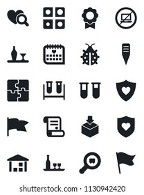 Set of vector isolated black icon - no laptop vector, contract, lady bug, plant label, blood test vial, heart diagnostic, shield, medical calendar, warehouse, package, search cargo, application