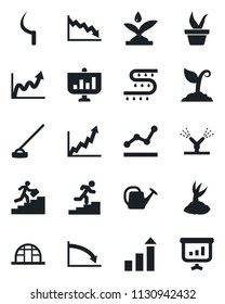 Set of vector isolated black icon - growth statistic vector, seedling, watering can, sproute, hoe, sickle, greenhouse, drip irrigation, point graph, career ladder, crisis, presentation
