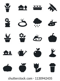 Set of vector isolated black icon - flower in pot vector, seedling, watering can, sproute, rain, pumpkin, pond, tulip, house with tree, rolling pin, apple fruit, water filter