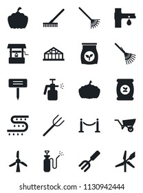Set of vector isolated black icon - fence vector, garden fork, farm, rake, wheelbarrow, well, plant label, pumpkin, greenhouse, sprayer, fertilizer, drip irrigation, windmill