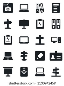 Set of vector isolated black icon - identity vector, office binder, notebook pc, document, pulse clipboard, signpost, laptop, notes, photo gallery, presentation board, pass card, guidepost