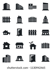 Set of vector isolated black icon - office building vector, fence, house, hospital, store, with garage, city, cafe, eco, door