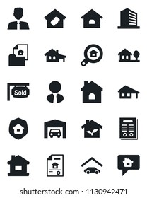 Set of vector isolated black icon - office building vector, house, contract, with garage, tree, estate document, sold signboard, search, agent, smart home, insurance, eco, message
