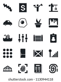 Set of vector isolated black icon - dispatcher vector, crisis graph, seedling, greenhouse, car delivery, receipt, container, settings, menu, scanner, cellular signal, contract, pool, fridge, crane