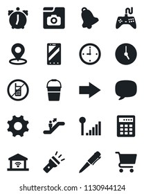 Set of vector isolated black icon - escalator vector, no mobile, right arrow, phone, pen, bucket, gamepad, message, settings, clock, alarm, bell, torch, place tag, photo gallery, cellular signal