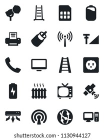 Set of vector isolated black icon - antenna vector, tv, ladder, microphone, satellite, network, monitor, rca, call, sim, cellular signal, battery, charge, printer, heater, air conditioner, socket