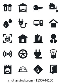 Set of vector isolated black icon - office building vector, greenhouse, warehouse storage, estate agent, key, smart home, alcove, control, power plug, fingerprint, fan, wireless, pc, water, filter