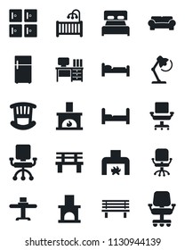 Set of vector isolated black icon - bed vector, checkroom, office chair, desk, bench, fireplace, lamp, bedroom, children room, cushioned furniture, restaurant table, fridge