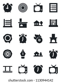 Set of vector isolated black icon - alarm clock vector, tv, abacus, stamp, fireplace, film frame, vinyl, flame disk, ink pen, house with tree