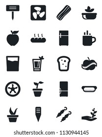 Set of vector isolated black icon - hot cup vector, seedling, plant label, diet, fridge, drink, phyto bar, salad, bacon, bread, kebab, dog, apple fruit, fan, palm sproute