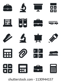 Set of vector isolated black icon - airport bus vector, checkroom, book, calculator, abacus, presentation board, microscope, case, paper clip, pencil, stapler