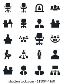 Set of vector isolated black icon - reception vector, manager, office chair, place, client, user, company, desk, hierarchy, estate agent, group