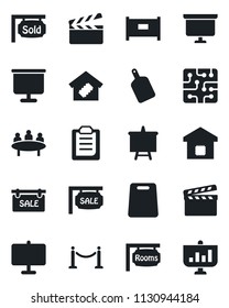 Set of vector isolated black icon - fence vector, presentation board, meeting, clapboard, clipboard, sale, rooms, sold signboard, smart home, cutting, chip