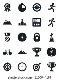Set of vector isolated black icon - pedestal vector, medal, bike, run, heavy, clock, stopwatch, target, mountains, award cup