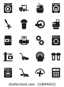 Set of vector isolated black icon - coffee machine vector, washer, fork loader, ripper, lawn mower, tomography, printer, copier, crane, gear, water filter, combination lock