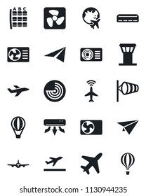 Set of vector isolated black icon - plane vector, airport tower, radar, departure, wind, seat map, globe, air conditioner, fan, paper, balloon