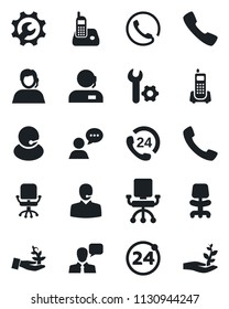 Set of vector isolated black icon - 24 around vector, office chair, phone, hours, support, speaker, radio, call, root setup, palm sproute