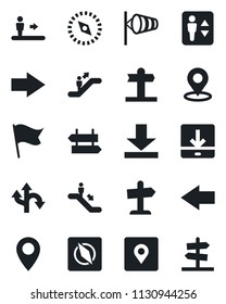 Set of vector isolated black icon - elevator vector, escalator, signpost, right arrow, left, wind, route, pin, download, place tag, compass, flag, guidepost