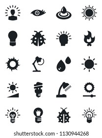 Set of vector isolated black icon - sun vector, bulb, lady bug, fire, eye, brightness, desk lamp, water, energy saving, shining head, idea