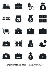 Set of vector isolated black icon - suitcase vector, baggage conveyor, trolley, larry, luggage storage, scales, checkroom, case, money bag, fertilizer, doctor, dropper