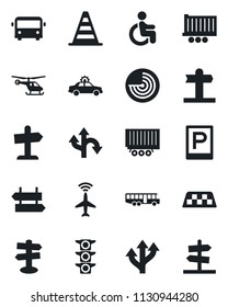 Set of vector isolated black icon - plane radar vector, taxi, airport bus, parking, signpost, alarm car, border cone, helicopter, disabled, route, traffic light, truck trailer, guidepost