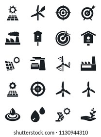 Set of vector isolated black icon - factory vector, bird house, target, sun panel, windmill, water, palm sproute