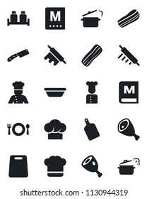 Set of vector isolated black icon - cook vector, cafe, hat, menu, bacon, salt and pepper, ham, bowl, rolling pin, cutting board, knife, steaming pan