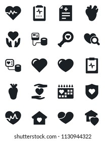 Set of vector isolated black icon - heart vector, pulse, diagnosis, blood pressure, diagnostic, shield, hand, real, medical calendar, clipboard, sweet home