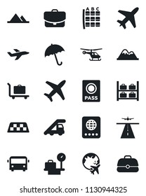 Set of vector isolated black icon - plane vector, runway, taxi, baggage trolley, airport bus, umbrella, passport, ladder car, helicopter, seat map, luggage storage, scales, globe, mountains, case