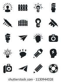 Set of vector isolated black icon - brainstorm vector, bulb, camera, pencil, fence, rolling pin, energy saving, shining head, idea, paper plane, crisis management