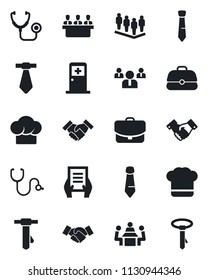 Set of vector isolated black icon - medical room vector, handshake, team, tie, document, stethoscope, meeting, cook hat, case