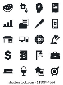 Set of vector isolated black icon - dollar sign vector, desk, pen, brainstorm, vinyl, favorites list, case, bar graph, document folder, checklist, lamp, stapler, egg stand, restaurant receipt, steak