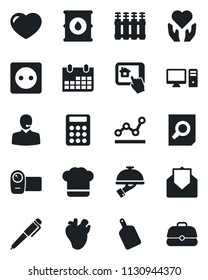 Set of vector isolated black icon - document search vector, calendar, heart hand, real, oil barrel, video camera, mail, calculator, support, point graph, pen, cook hat, waiter, cutting board, socket
