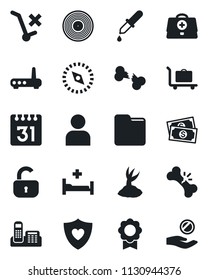 Set of vector isolated black icon - baggage trolley vector, sproute, doctor case, dropper, heart shield, hospital bed, broken bone, cash, no, vinyl, user, folder, calendar, compass, sertificate
