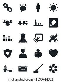 Set of vector isolated black icon - baggage larry vector, manager, brainstorm, sun, hoe, heart shield, satellite, sea port, package, equalizer, chain, group, user, notes, cut, sale, cook, alcohol