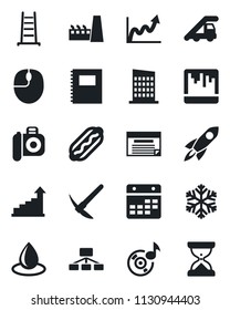 Set of vector isolated black icon - ladder car vector, growth statistic, mouse, water drop, camera, scanner, calendar, music, copybook, city house, factory, hot dog, snowflake, rocket, graph