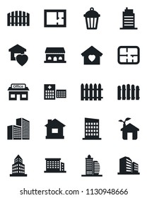 Set of vector isolated black icon - fence vector, house, garden light, hospital, store, office building, plan, sweet home, city, cafe, eco
