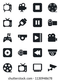 Set of vector isolated black icon - reel vector, tv, gamepad, video camera, pause button, stop, rewind, rec, hdmi, web, surveillance