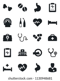 Set of vector isolated black icon - bed vector, heart pulse, doctor case, stethoscope, pills, ampoule, tomography, hospital, stomach, broken bone, clipboard
