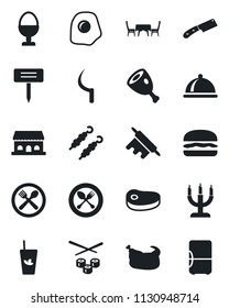 Set of vector isolated black icon - spoon and fork vector, sickle, plant label, dish, cafe, phyto bar, egg stand, building, candle, table, chicken, steak, kebab, ham, hamburger, rolling pin, knife