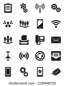 Set of vector isolated black icon - plane radar vector, antenna, mobile phone, team, clipboard, network, cell, mail, wireless, paper tray, company, intercome, home control app, gear, group