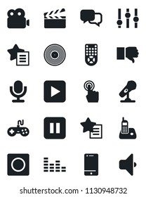Set of vector isolated black icon - clapboard vector, vinyl, microphone, gamepad, settings, equalizer, remote control, cell phone, touch screen, dialog, radio, finger down, favorites list, pause
