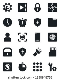 Set of vector isolated black icon - phone back vector, menu, protect, user, clock, alarm, stopwatch, sd, folder, torch, compass, lock, eye id, fingerprint, video, application, root setup