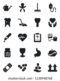 Set of vector isolated black icon - baby vector, rake, watering can, lawn mower, heart pulse, blood pressure, dropper, pills, bottle, patch, hand, stomach, caries, implant, clipboard, diet, client