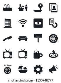 Set of vector isolated black icon - passport control vector, tv, document reload, stamp, plant label, heavy scales, settings, record, photo gallery, pool, cushioned furniture, wireless, city house