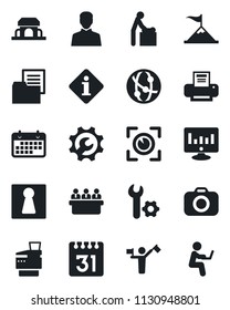 Set of vector isolated black icon - dispatcher vector, female, baby room, meeting, statistic monitor, term, folder document, camera, network, user, calendar, root setup, printer, copier, eye scan