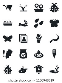 Set of vector isolated black icon - flower in pot vector, wheelbarrow, butterfly, lady bug, seedling, sickle, plant label, seeds, bird house, fertilizer, photo gallery, pond, irrigation, water