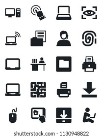 Set of vector isolated black icon - wireless notebook vector, mouse, pc, printer, support, touch screen, laptop, folder, download, document, manager desk, chip, home control app, eye scan, man with