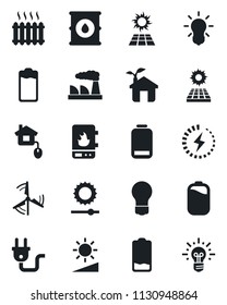 Set of vector isolated black icon - bulb vector, factory, oil barrel, battery, low, brightness, charge, sun panel, windmill, heater, home control, eco house, power plug, water, idea