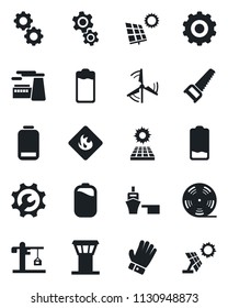 Set of vector isolated black icon - airport tower vector, gear, factory, glove, saw, sea port, flammable, reel, battery, low, root setup, sun panel, windmill, crane